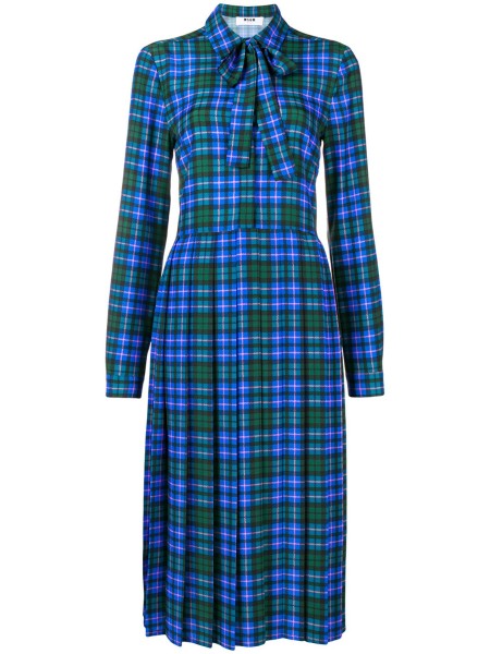 Shop MSGM Sales Dresses: Dress MSGM, mid-calf length, multicolor plaid, features a classic collar, long sleeves, button cuffs, a plaid pattern, a pleated design, a cinched waist.

Composition: 100% polyester.