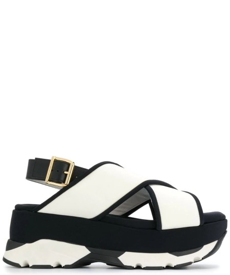 Shop Marni Sales Shoes: Shoes Marni , sandal wedge, in white fabric, criss-cross model, ankle strap in leather and golden metal, wedge in bicolor rubber, black and white, very comfortable shoes.

Composition: 64% cotton, 36% polyamid.
Sole: 100% rubber.
Hight wedge: 8 cm.