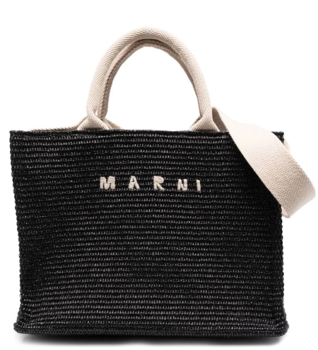 Shop Marni  Bags: Bags Marni, tote bag, in leather and raffia, with handles and adjustable shoulder strap, logo on front, zip pocket inside.