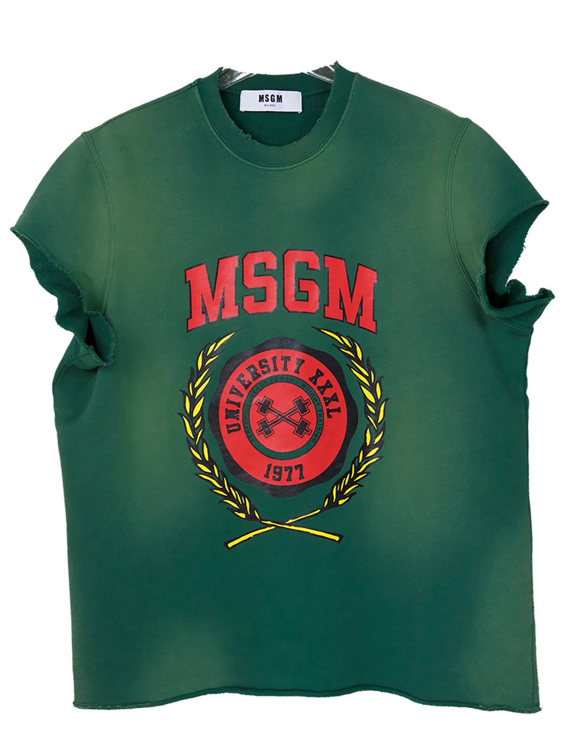 shop MSGM  T-shirts: T-shirt MSGM, tipo felpa, maniche corte strappate, girocollo, verde con sfumature sul giallo, scritta davanti in rosso, modello oversize.

Composizione: 100% cotone. number 866