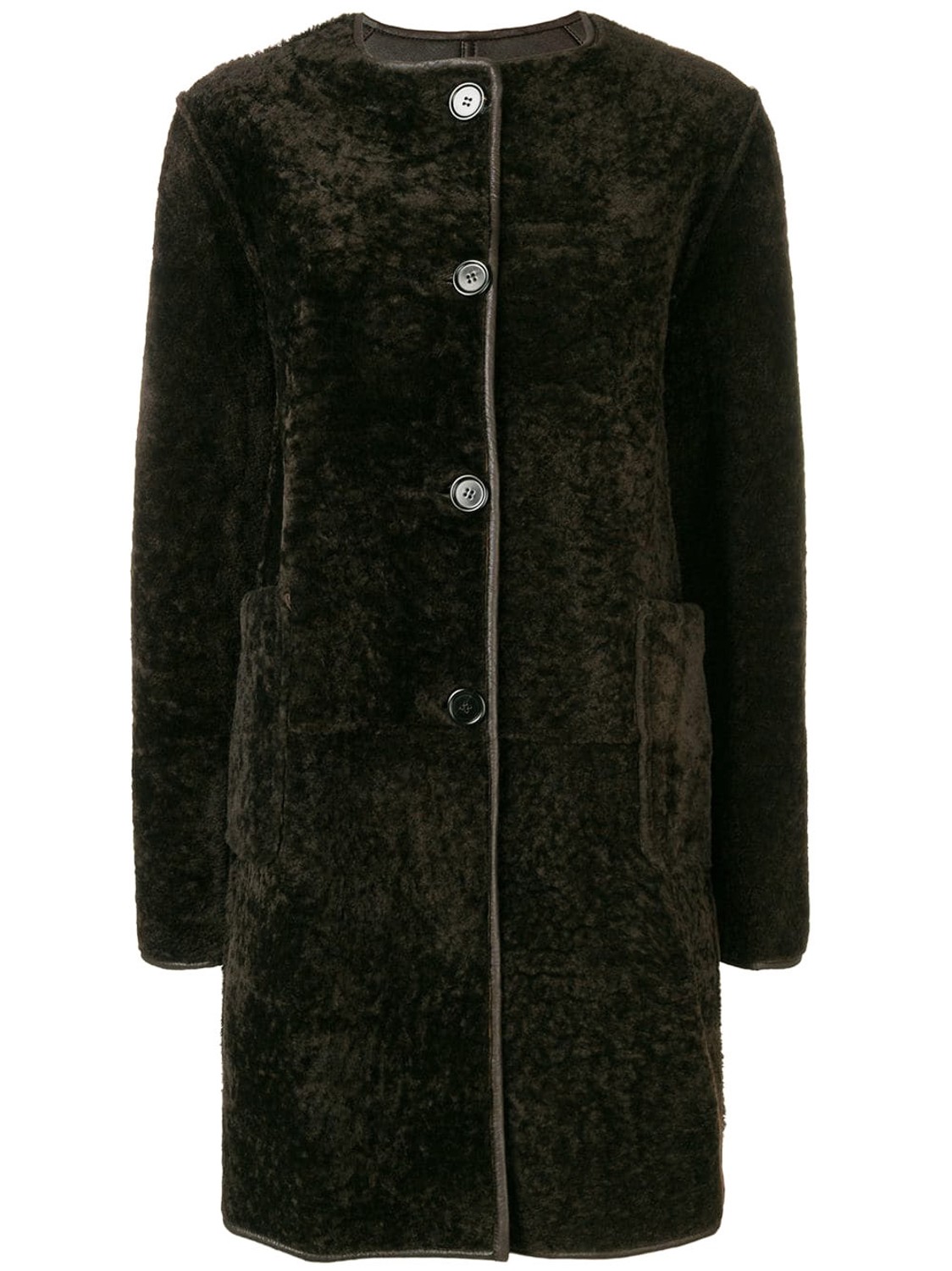 shop Marni  Coats: Coat Marni, in shearling, crewneck, closure with buttons on front, pockets on front, mid-lenght, reversible, in dark earth color. 

Composition: 100% shearling. number 1347