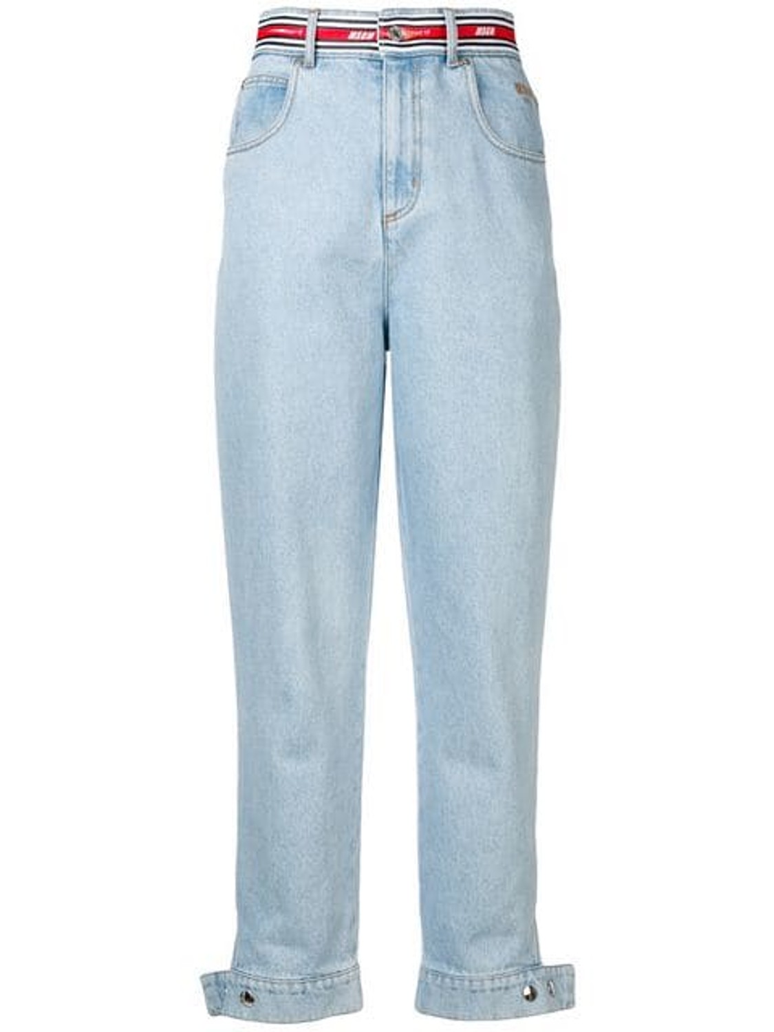 shop MSGM Sales Pantaloni: Pantalone MSGM, jeans chiaro, modello vita alta, cintura con logo a contrasto, stretti infondo con bottoni automatici, quattro tasche.

Composizione: 100% cotone. number 1422