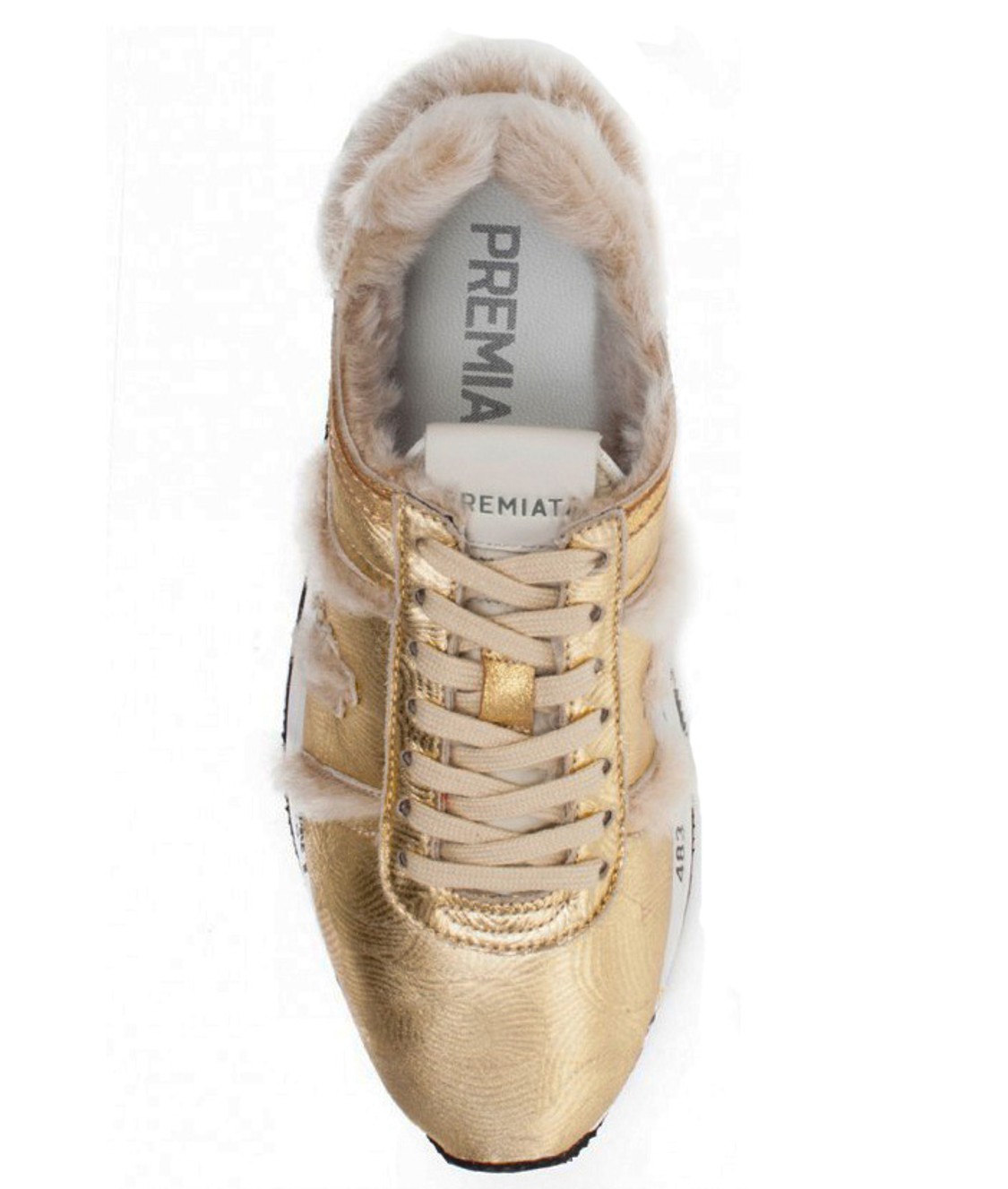 shop Premiata White Saldi Scarpe: Sneakers Premiata White, modello Conny, oro con dettagli in shearling rosa chiaro.

Composizione: 65% pelle, 35% shearling. number 1326