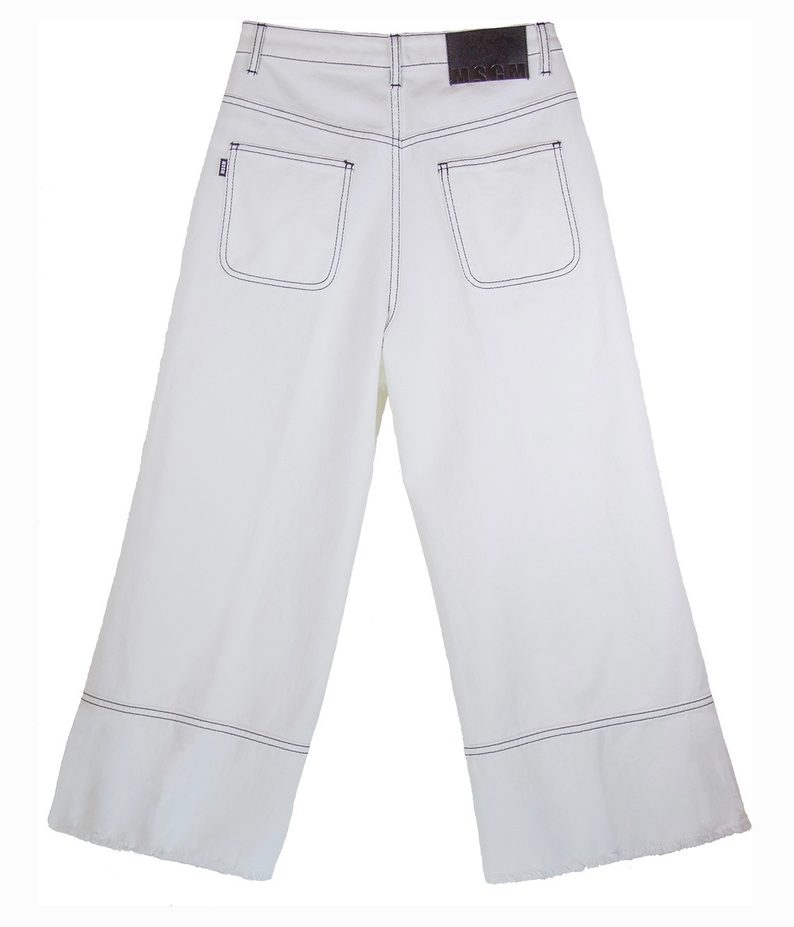 shop MSGM Saldi Pantaloni: Pantaloni MSGM, tipo jeans, bianco, cuciture nere a contrasto, sfrangiati infondo, due tasche davanti e due dietro, chiusura davanti con bottone e zip, gamba ampia.

Composizione: 100% cotone. number 1149