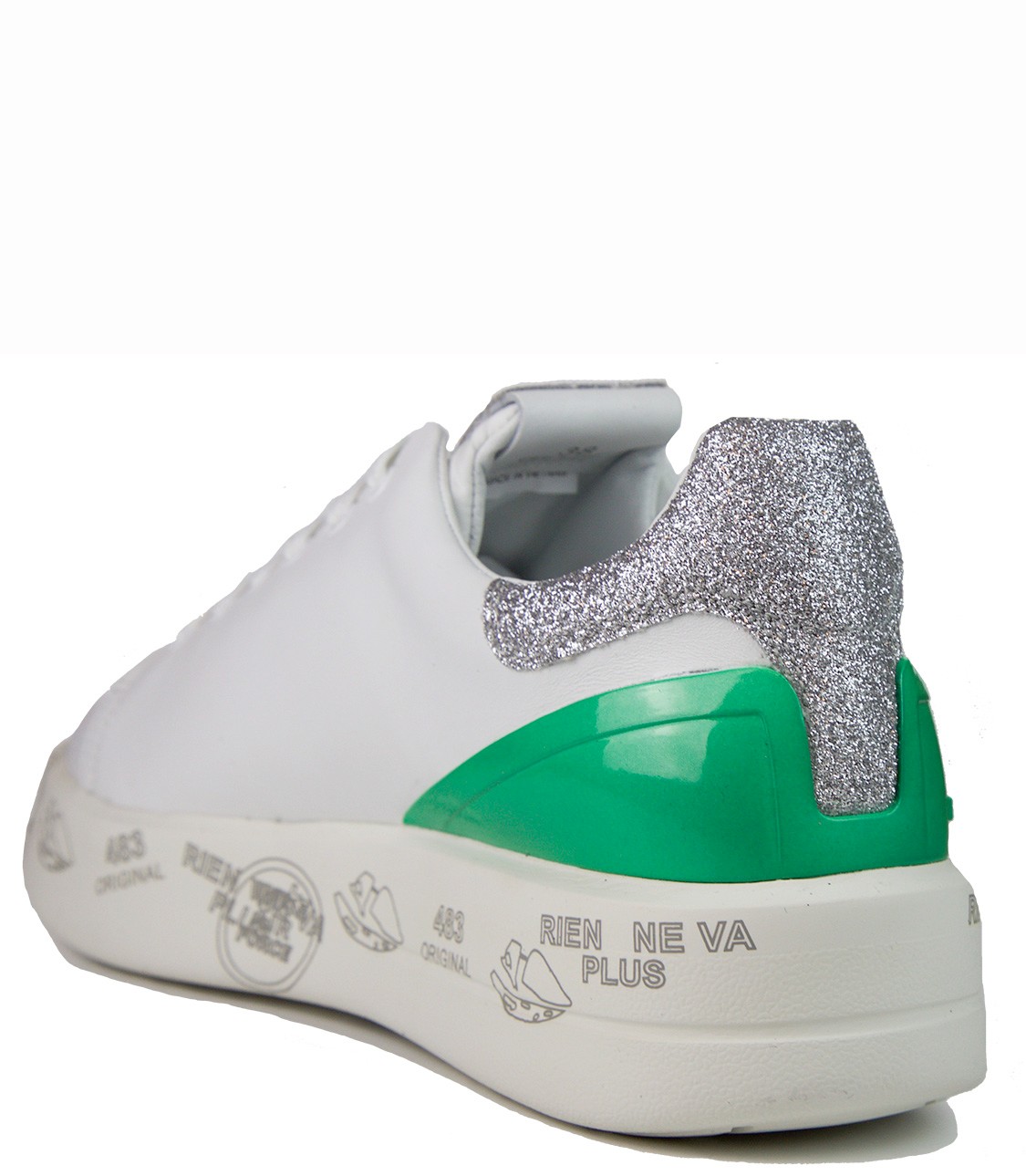 shop Premiata White  Scarpe: Sneakers Premiata White, modello Belle, bianca, in pelle, dettagli glitter argento e verde lucido.

Composizione: 100% pelle.
Suola: 100% gomma.
 number 1156