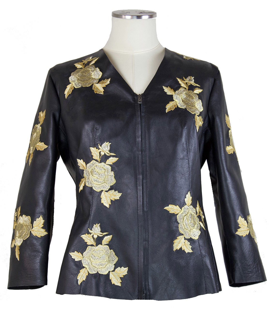 shop The Ivy  Jackets: Jackets The Ivy, V-neck, screwed, in black leather with golden roses embroidered, zip closure on front, without pockets, 3/4 sleeves. number 946